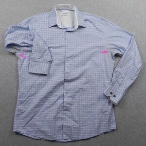 Duchamp London Shirt Mens 16.5 L Tailored Fit Blue White Grid Cotton Dobby L/S
